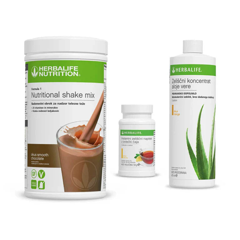 Herbalife paket za zajtrk: Formula 1 shake čokolada, zeliščni čaj breskev in aloe vera koncentrat - HerbaShop